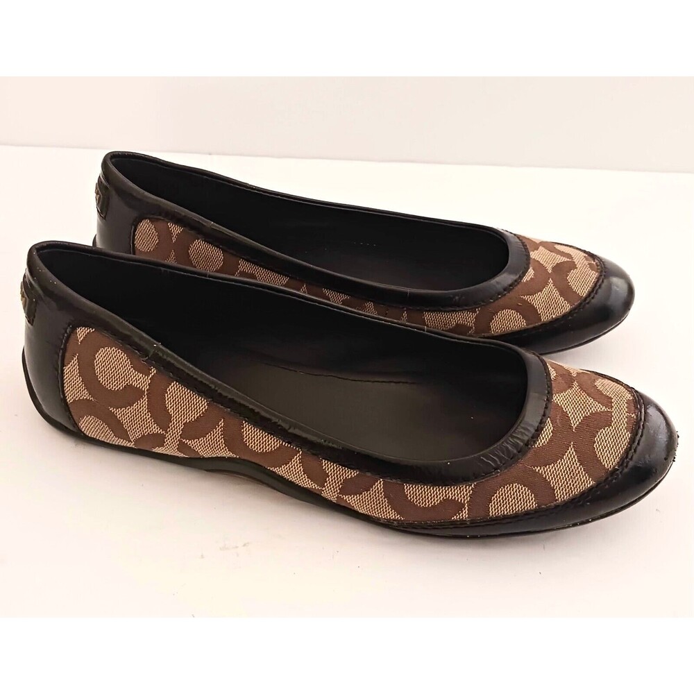 Coach Callie Ballet Flat Brown C Jacquard Blk Patent Toe/Heel Rubber Sole Sz 6.5